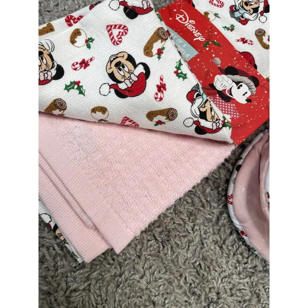 Disney Minnie Mouse Santa Hat Candy Cane Hearts Silicone Oven Mitts Towels Set